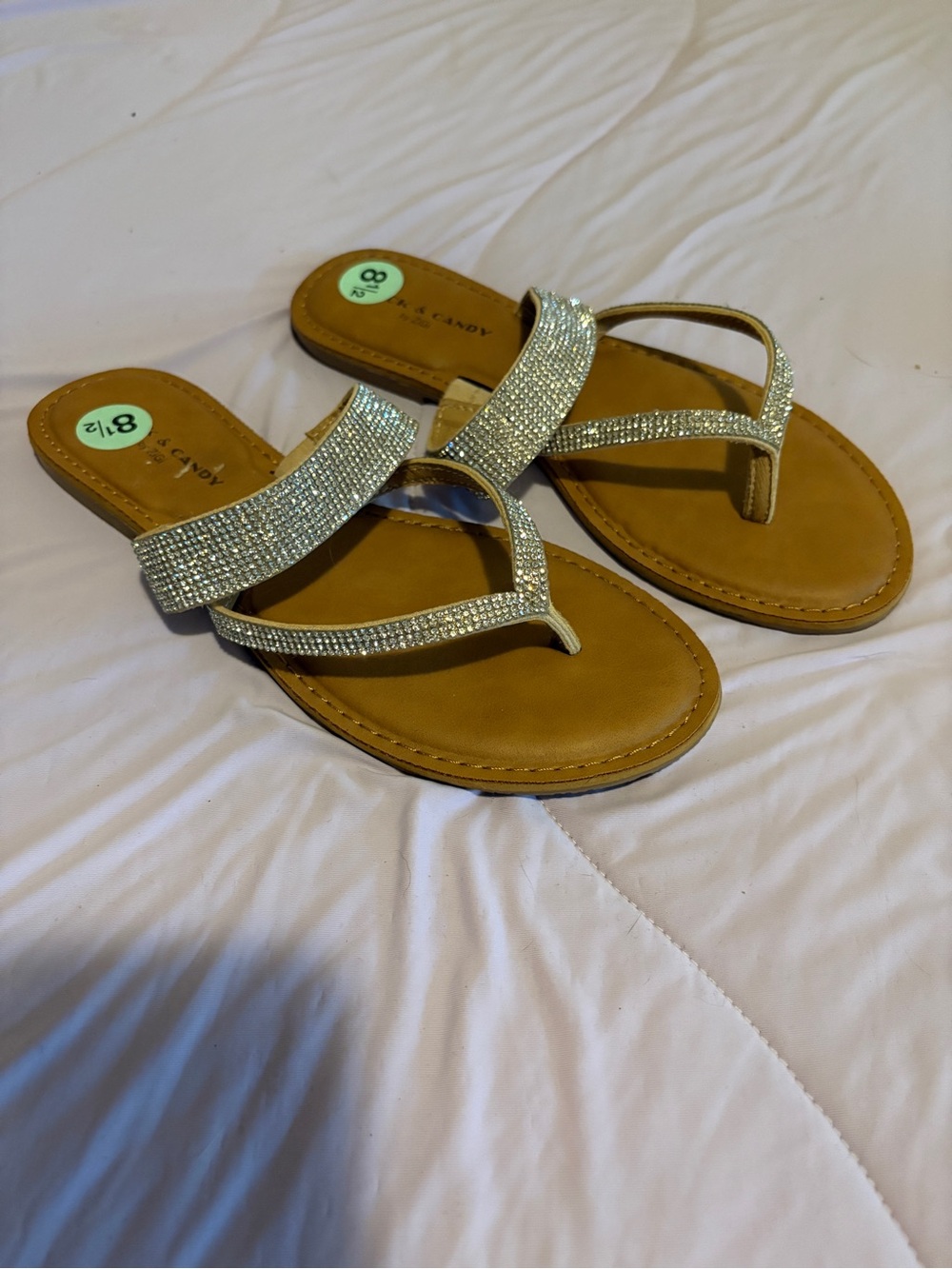 Rhinestone Strap Tan Thong Sandals